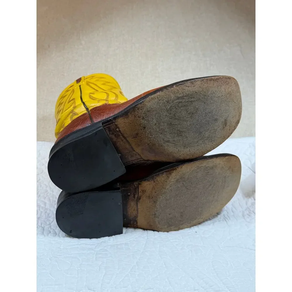 Old West Men 8D Brown Yellow Two Tone Square Toe Western Cowboy Boots Rodeo